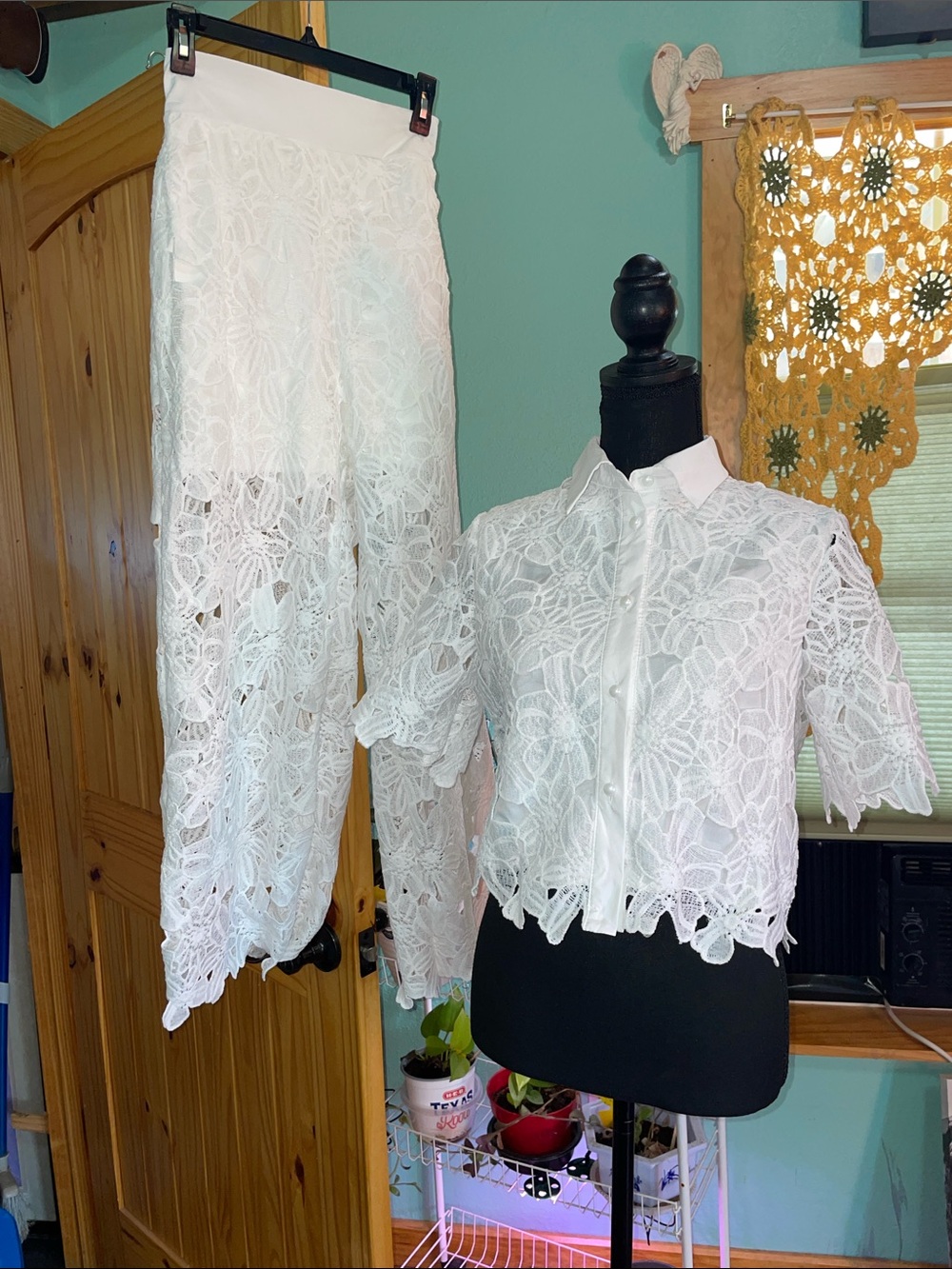 White Lace Two-Piece Set - Cropped Button Shirt & Wide Leg Pants